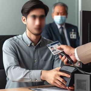 A bank employee of Asian origin verifying a customers identity using a scanner, hands and ID card visible (face obscured