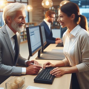 A friendly bank teller assisting an elderly customer at a modern bank counter, warm lighting, professional atmosphere