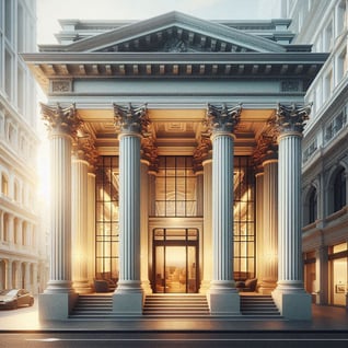 A historic bank building with classic pillars and a modern interior blend, symbolizing tradition and innovation.