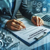A person reviewing data protection policies and procedures as part of a business continuity management audit, with documents and regulations visible