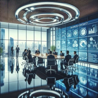 A modern conference room where a business continuity audit team is analyzing a companys crisis management strategies. (1)