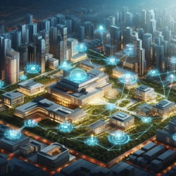 A birds-eye view of the Lee Kong Chian School of Medicine campus, highlighting key facilities like lecture halls, labs, and hospitals, with a glowing network connecting them.