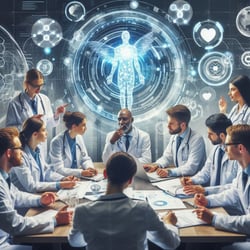 A diverse group of medical students and faculty engaged in a collaborative discussion, with a futuristic overlay of organizational charts and BCM frameworks. (1)
