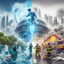 A dynamic split-screen image showing Lee Kong Chian School of Medicine on one side and a disaster recovery team in action on the other, highlighting the importance of BCM