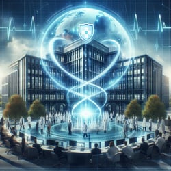 A futuristic medical school campus with students and faculty working together, symbolizing continuity and resilience, with a glowing shield representing business continuity management (BCM