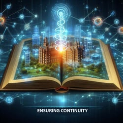 A glowing book titled Ensuring Continuity opening to reveal a holographic map of the medical schools campus with interconnected nodes symbolizing BCM processes related to LKC Medicine