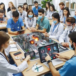 A group of medical students and faculty participating in a BCP training workshop, with interactive simulations and augmented reality tools showcasing emergency scenarios and response strategies.
