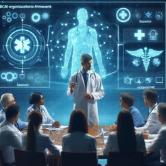 A medical professional presenting a BCM plan to a group of stakeholders, with a holographic projection of the schools organizational framework in the background (1)