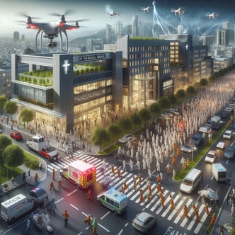 A realistic simulation of an emergency evacuation at the medical school, with students and staff following BCP protocols, while drones and digital maps monitor the process in real-time (1)