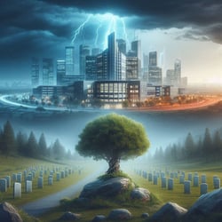 A serene image of the medical school campus transitioning into a stormy scene, with a resilient structure standing strong, symbolizing the importance of BCM in crisis situations related to LKC Medicine (1)
