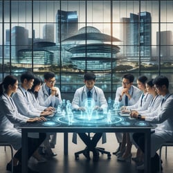 A team of medical professionals and administrators gathered around a high-tech table, analyzing risk assessment data on holographic screens, with the Lee Kong Chian School of Medicine campus visible through a w