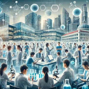 DALL·E 2025-03-06 15.21.32 - A dynamic scene showing students and faculty at Lee Kong Chian School of Medicine engaged in medical research and academic activities. The background 