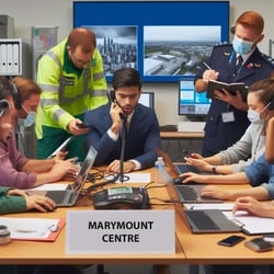 A crisis simulation exercise in progress at Marymount Centre, where staff members role-play emergency scenarios. One participant acts as a crisis manager, while others simulate media response, incident repo (1)