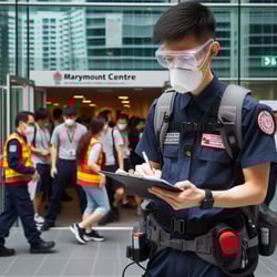 A disaster recovery drill at Marymount Centre, where employees evacuate the building following emergency procedures. A designated BCM officer oversees the evacuation while checking a clipboard.