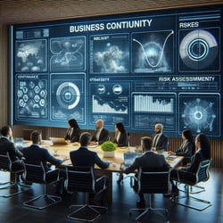 A high-tech strategy meeting in a modern conference room at Marymount Centre, where professionals in business attire discuss business continuity plans. A large interactive screen displays risk assessment ch (1)