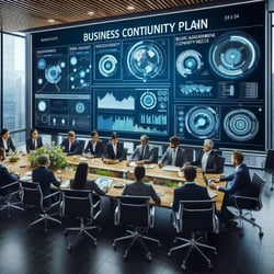 A high-tech strategy meeting in a modern conference room at Marymount Centre, where professionals in business attire discuss business continuity plans. A large interactive screen displays risk assessment charts