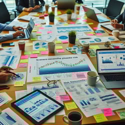 A scenario-planning workshop at Marymount Centre where team members analyze environmental risks. They use sticky notes, printed graphs, and open laptops displaying risk simulation software. (1)