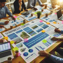 A scenario-planning workshop at Marymount Centre where team members analyze environmental risks. They use sticky notes, printed graphs, and open laptops displaying risk simulation software.