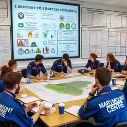 A simulation exercise at Marymount Centre where the crisis response team discusses potential disaster scenarios using role-playing techniques, with a whiteboard filled with notes on emergency response actions i