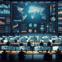A control room with analysts monitoring multiple screens displaying risk assessments for FGV Holdings (1)