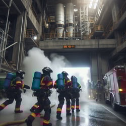 A first responder team securing a factory after a simulated disaster event