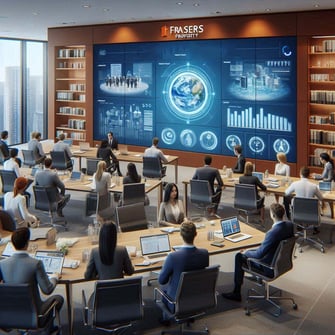 A business continuity training session at Frasers Property with a diverse group of employees engaged in a training workshop, a digital screen displaying an interactive simulation of a business continuity scenar