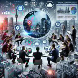 A crisis management team from Frasers Property in action, responding to a business continuity scenario, with professionals coordinating efforts through laptops and tablets, and a live visual feed of differe (1)
