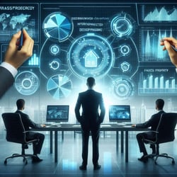 A strategic risk assessment process for Frasers Property, with executives reviewing a risk management dashboard and interconnected development projects, using cool-toned colors like blue, gray, and green