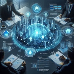 A strategic risk assessment process for Frasers Property, with executives reviewing a risk management dashboard, key risk factors, and interconnected data lines representing various development projects, using 
