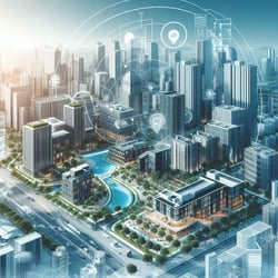 Design an image illustrating the diverse operations of Frasers Property. Include a modern business district, residential buildings, and commercial spaces to represent Frasers Property’s global presence in r (1)