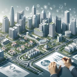 Design an image illustrating the diverse operations of Frasers Property. Include a modern business district, residential buildings, and commercial spaces to represent Frasers Property’s global presence in real 