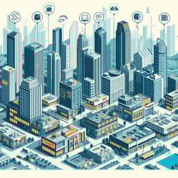 Design an image that highlights the various types of properties managed by Frasers Property, including residential, commercial, industrial, and retail. Illustrate a diverse cityscape with residential high-r (1)