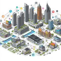 Design an image that highlights the various types of properties managed by Frasers Property, including residential, commercial, industrial, and retail. Illustrate a diverse cityscape with residential high-rises