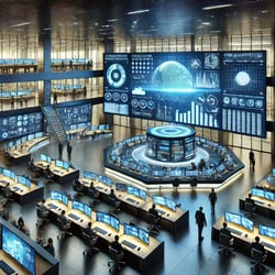 Frasers Property high-tech command center with real-time data screens, cloud-based tools, AI algorithms, cybersecurity dashboards, sleek modern buildings, palette of blues, silvers, and whites