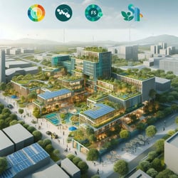 Frasers Property key characteristics image with innovation, sustainability, and community values, featuring green buildings, cutting-edge architecture, solar panels, green spaces, and a blend of residential (1)