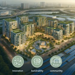 Frasers Property key characteristics image with innovation, sustainability, and community values, featuring green buildings, cutting-edge architecture, solar panels, green spaces, and a blend of residential, co