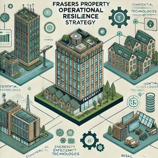 Frasers Property operational resilience strategy across different property types—residential, commercial, and retail. Visuals of an office tower being managed remotely, a residential complex with energy-eff (1)
