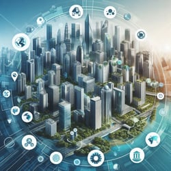 Frasers Property’s diverse global presence and operations with modern skyscrapers, residential communities, commercial spaces, and green, eco-friendly buildings, reflecting both urban and suburban environments,