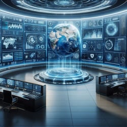Futuristic command center with digital screens showing real-time data from Frasers Property’s global developments, AI-driven analytics, cybersecurity protocols, and cloud-based communication tools, emphasizing 