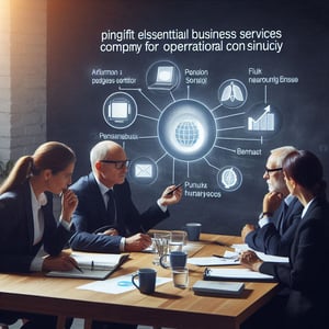 A group of consultants in a strategy session helping a pension fund company pinpoint essential business services for operational continuity.