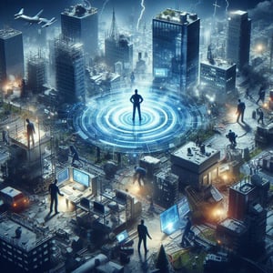 A major earthquake disrupts infrastructure, and a team of disaster recovery specialists is managing the process of restoring key operations, focusing on securing communication networks and ensuring  (1)