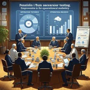 A workshop scene with pension fund executives reviewing lessons learned from scenario testing and discussing improvements for operational resilience. (1)