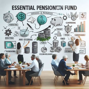 An office with people brainstorming on a whiteboard, marking essential pension fund services and resources.