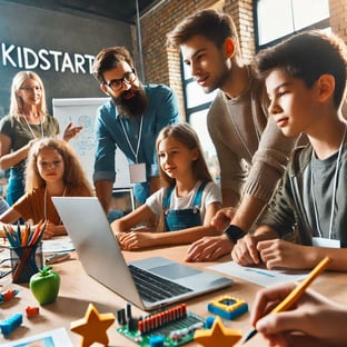 Mentors guiding and supporting young entrepreneurs at a vibrant KidStart workshop